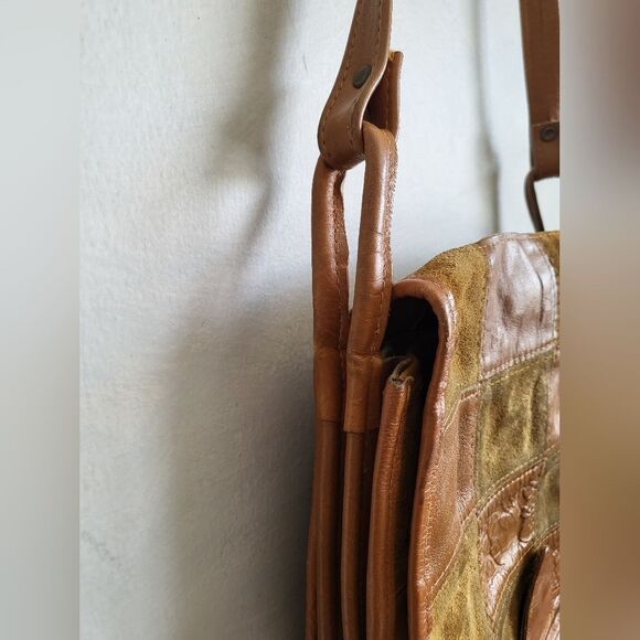 Vintage Leather Suede Patchwork Quilt Style Shoulder Bag 10 x 9 - Picture 2 of 11